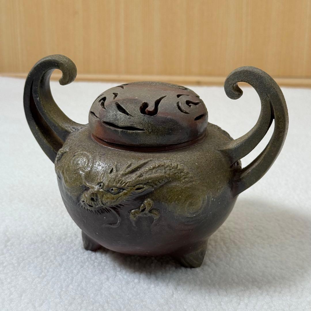 蔵出し/備前竜香炉 小山一草 共箱 共布 栞 備前焼 龍細工 茶道具 香道具