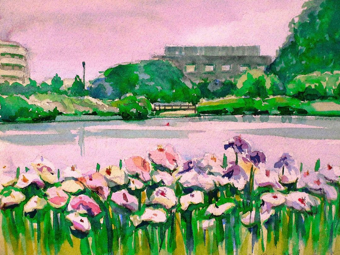 水彩画 池と花 木製フレーム付き