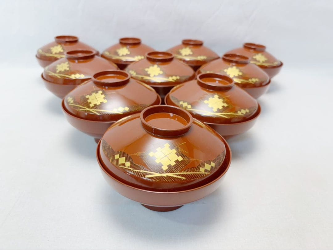 ほぼ未使用 懐石道具 木製朱塗 吸物椀 十客揃 蒔絵付 汁椀 木箱