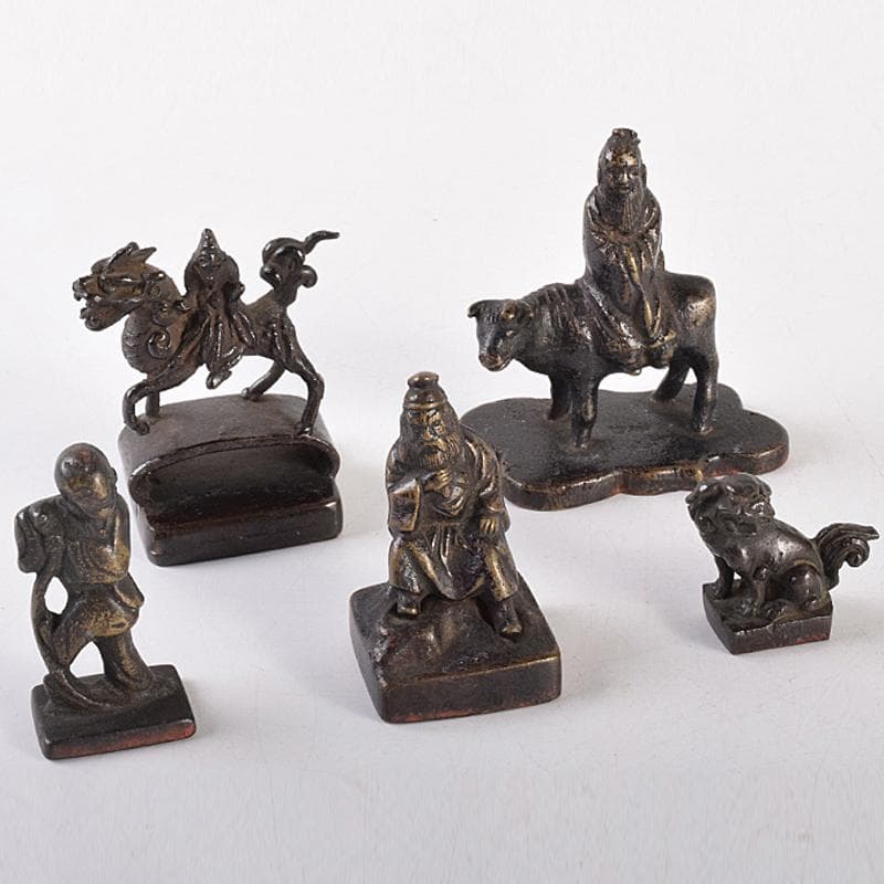 中国　古銅宣徳銅　篆刻　人物摘　獅子摘など　印材　5点まとめて　G　R7651