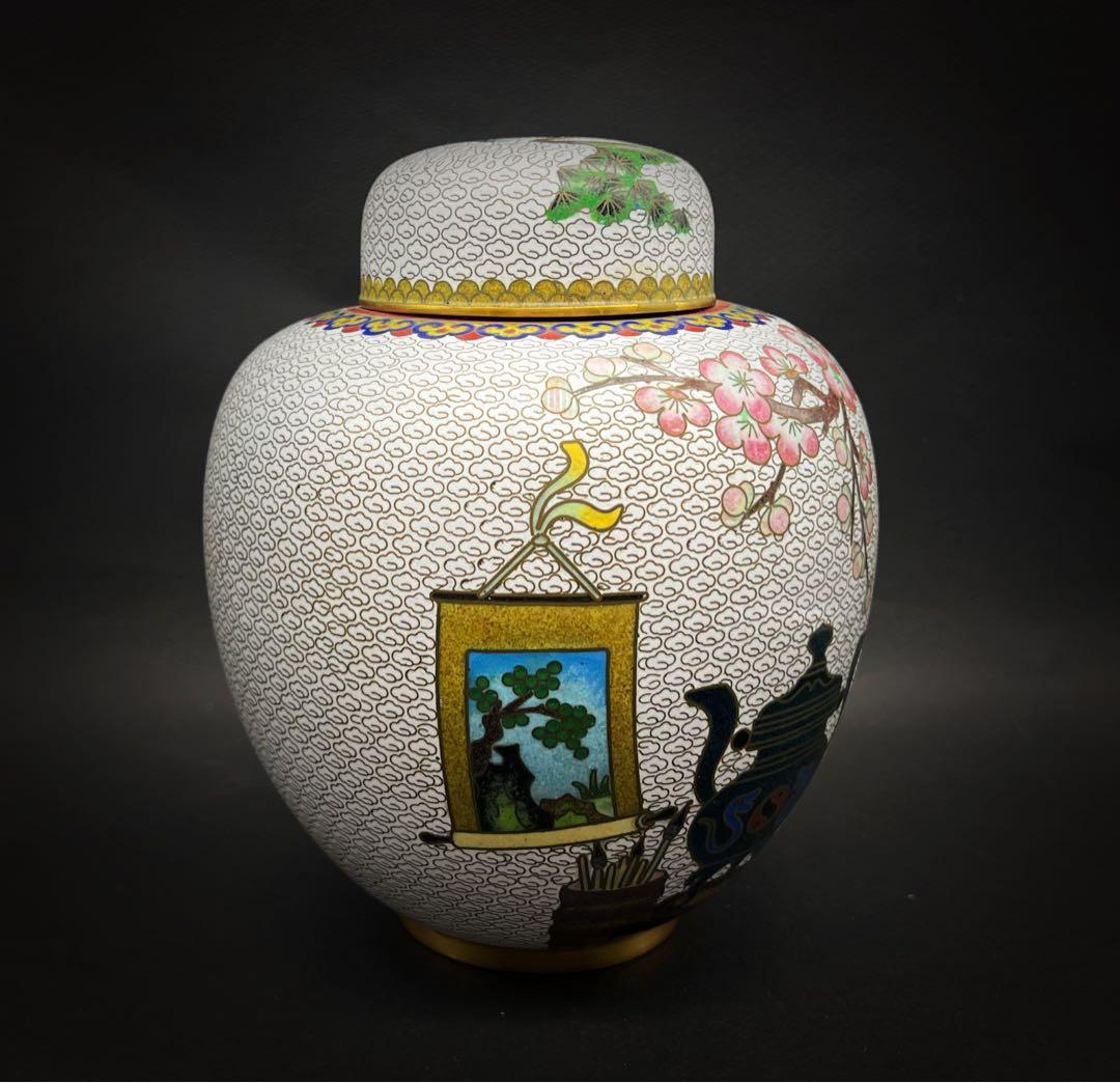 中國美術 古玩 景泰藍 七宝焼 超大博古紋茶入 茶筒 茶道具 高さ20.5cm