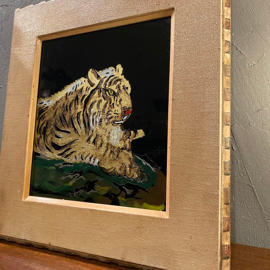 昭和39年 日光 虎 絵画 硝子絵 アート 額装品 骨董品 縁起物