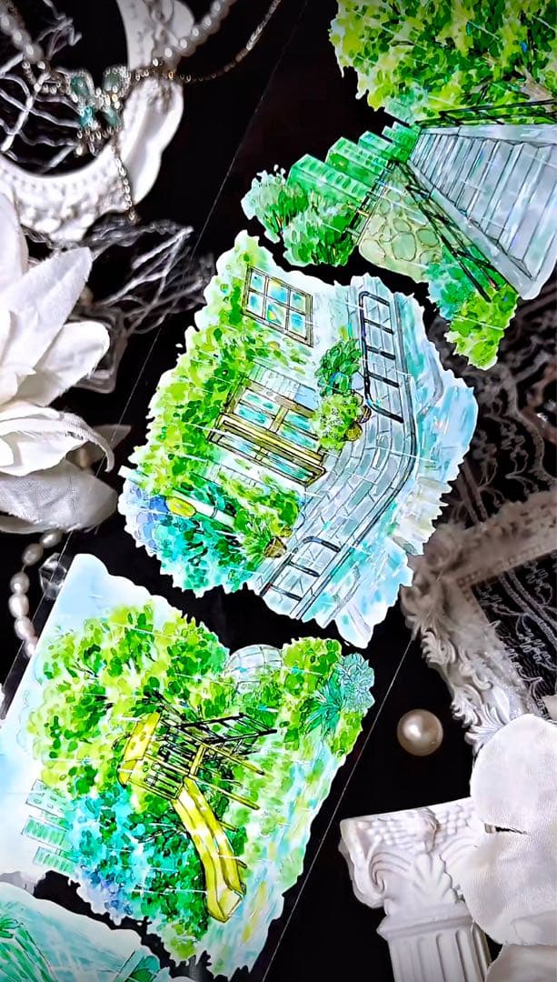 【8902】海外　マステ　3/5/巻　貝殻光マスキングテープ　雨景色　公園