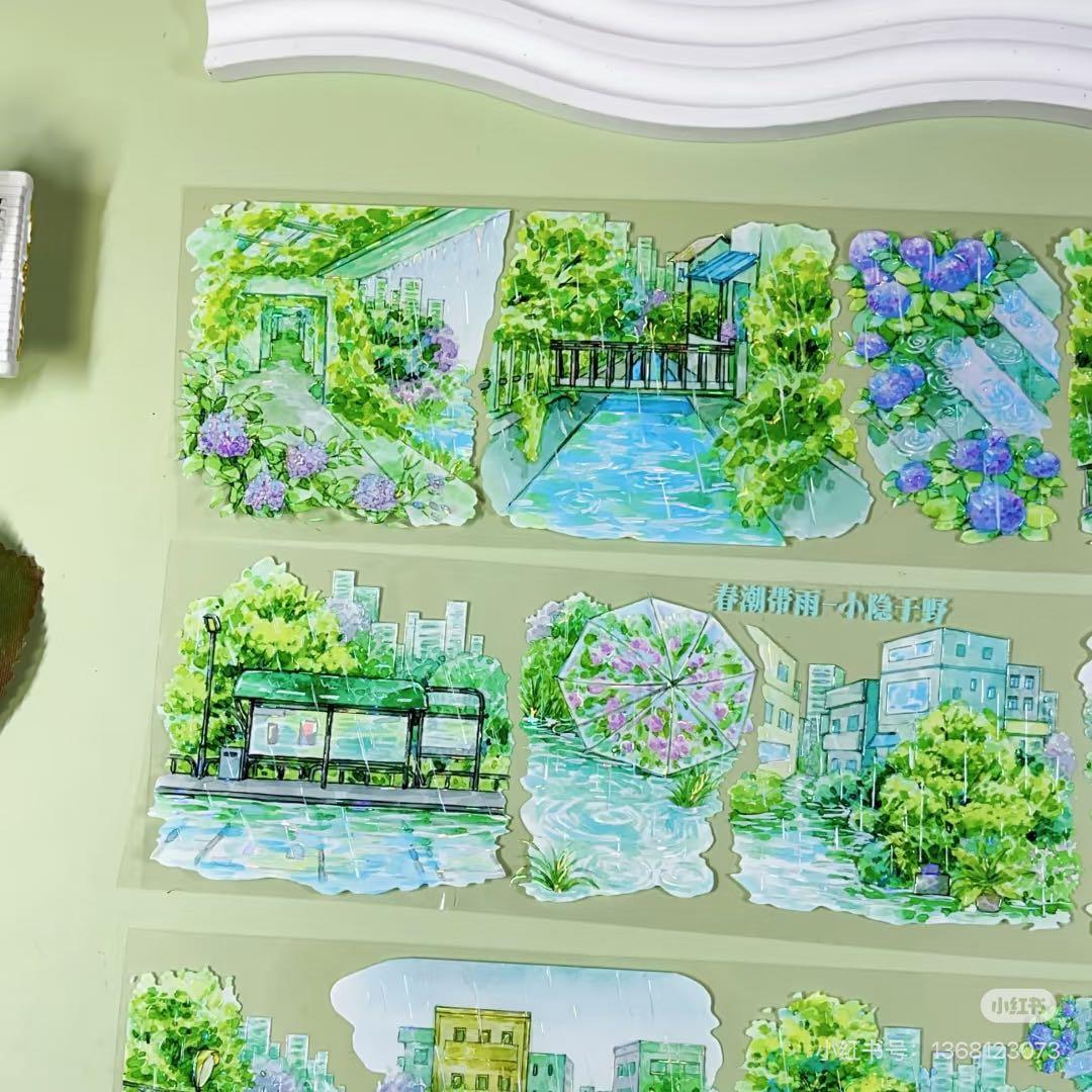 【8902】海外　マステ　3/5/巻　貝殻光マスキングテープ　雨景色　公園