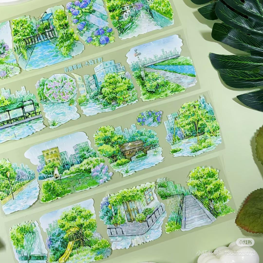 【8902】海外　マステ　3/5/巻　貝殻光マスキングテープ　雨景色　公園