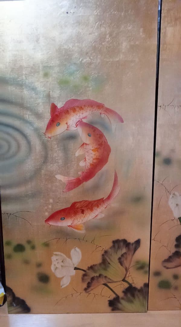 シノワズリ　壁飾り４枚　輸入家具　アジア雑貨　鯉蓮　アンティーク　漆塗り