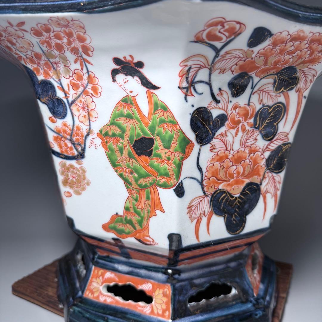 幕末〜明治期　染錦美人図大鉢　盆栽　植木鉢　高さ26cm　直径37.5cm