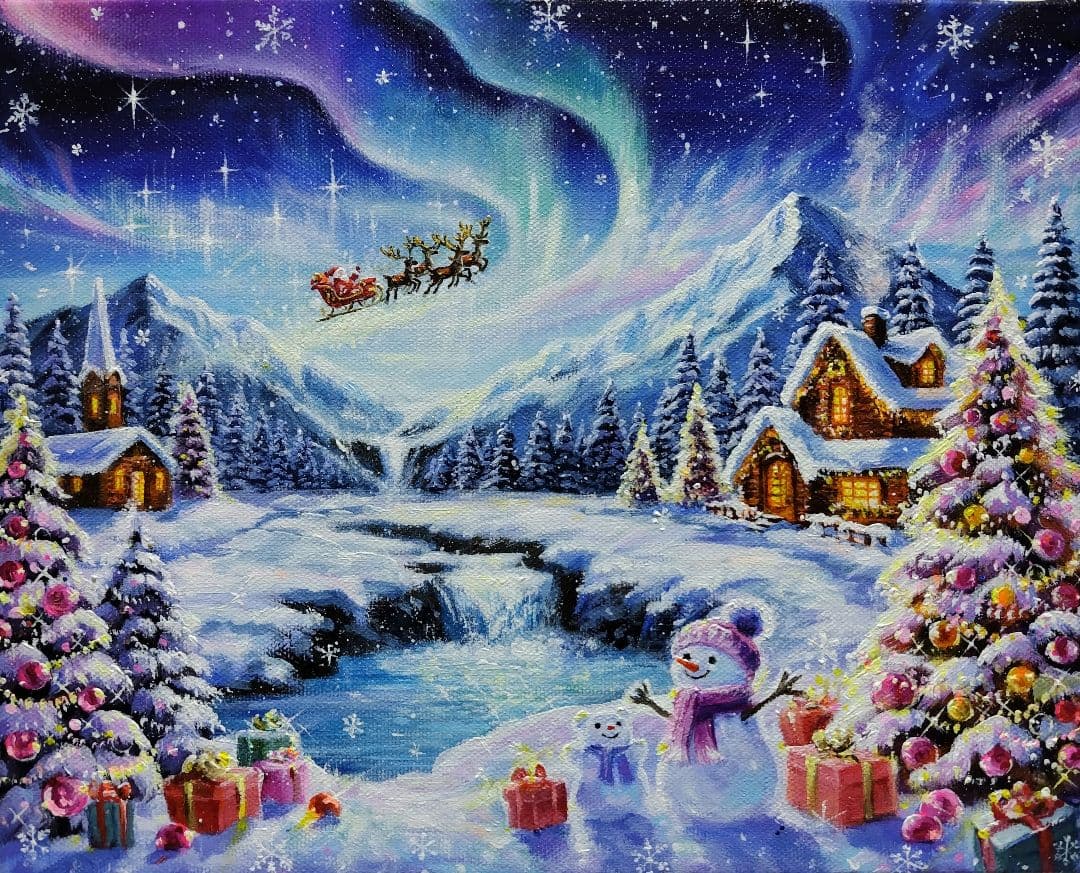 琥*ん様 【オーロラが輝く日】アクリル画 F3 風景画 絵画