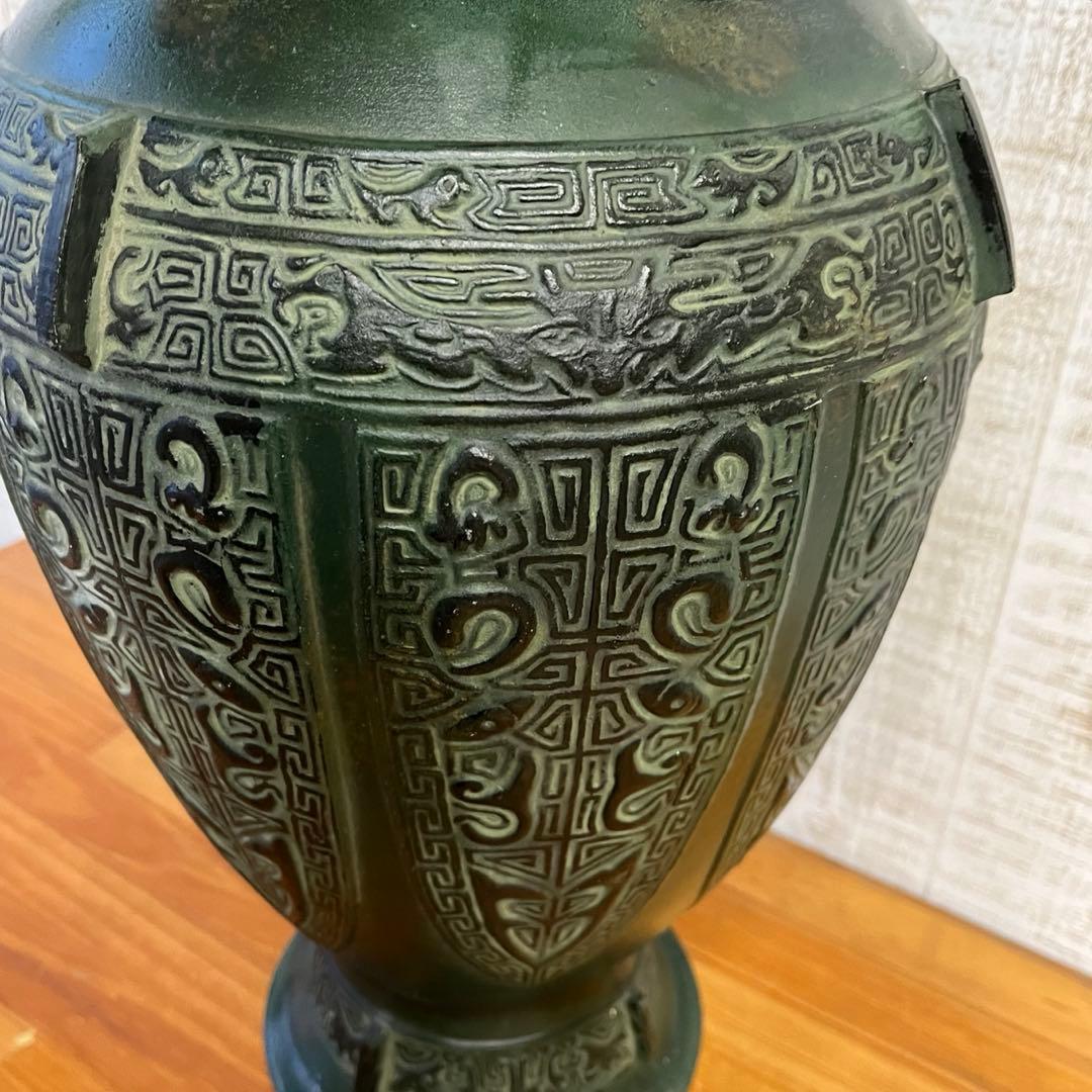 【アンティーク】高岡銅器 渋谷鳳州 饕餮紋 鷹耳付 壷 花器 青銅 古道具