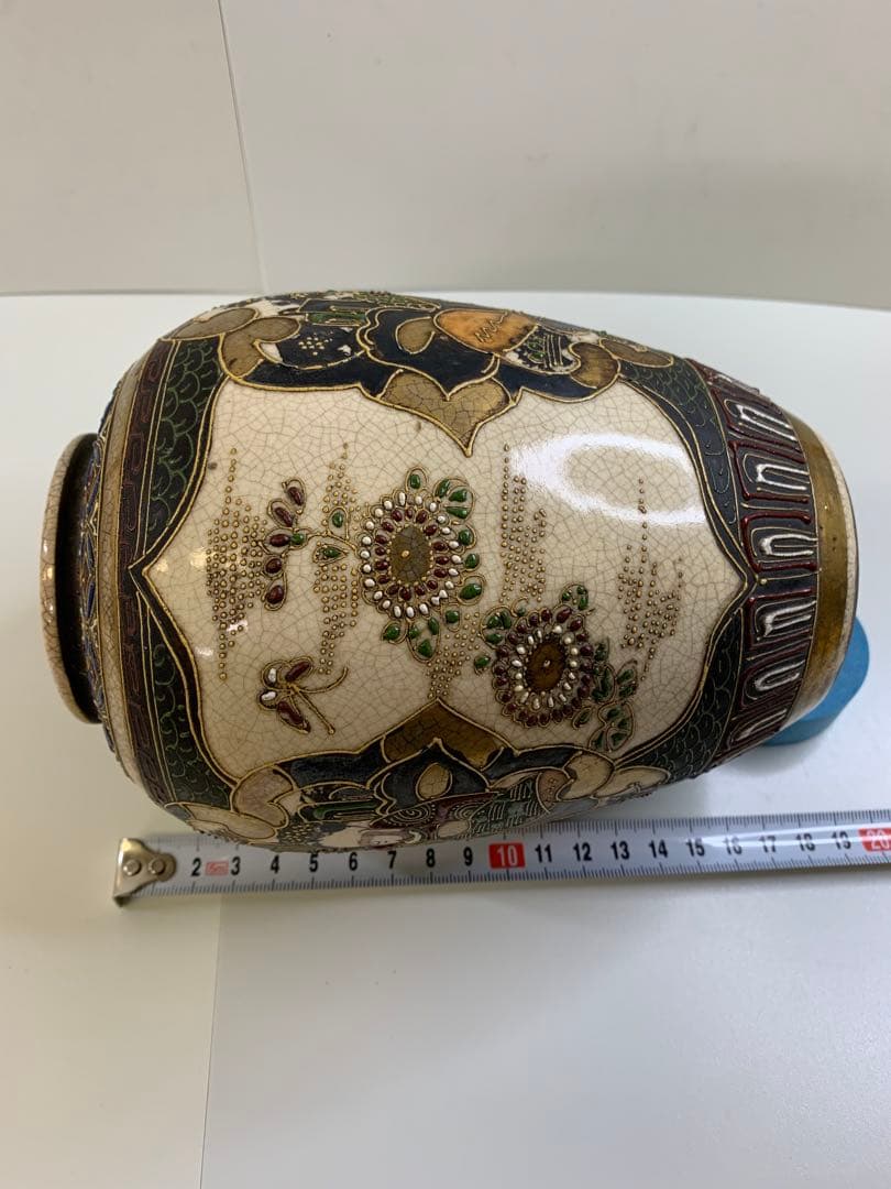 古薩摩 薩摩焼 丸十字紋 金襴手 武者図 花瓶 飾り壺 薩摩 金彩 骨董 江戸