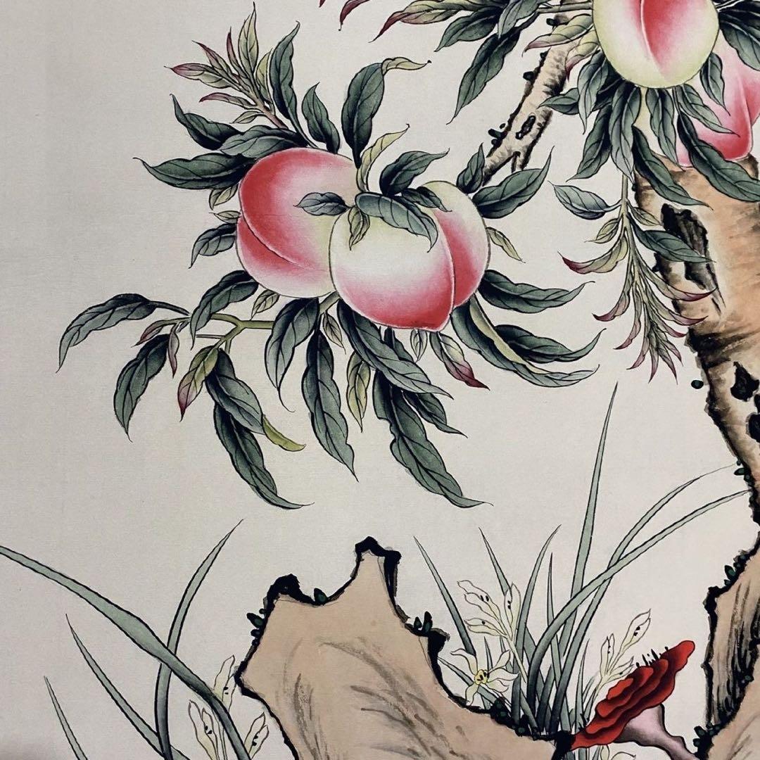 郎世寧 寿桃図 四尺中堂 中国掛け軸 花鳥画 吉祥画