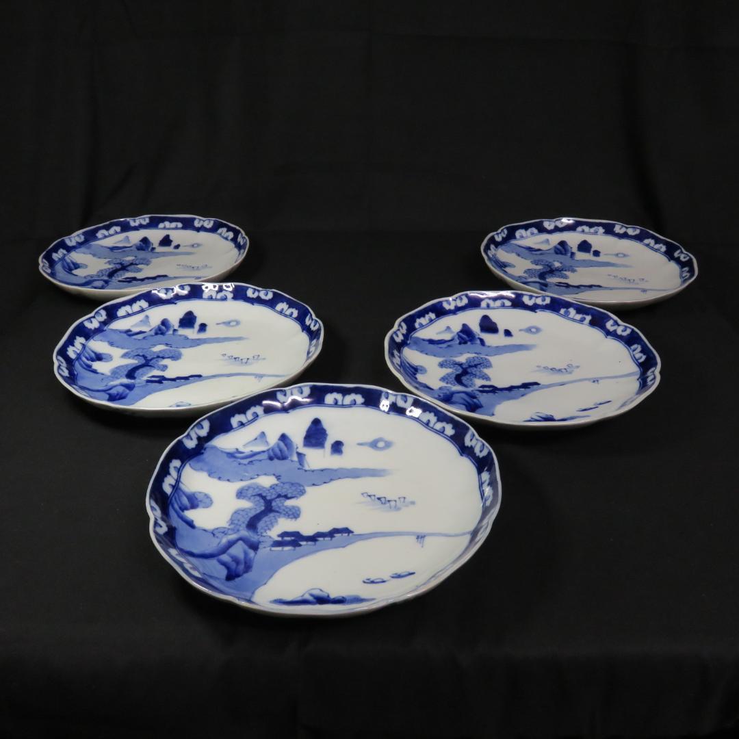 大皿 染付 古伊万里 明治 大正 山水 花文様 家屋 帆船 窯傷 名家 5枚