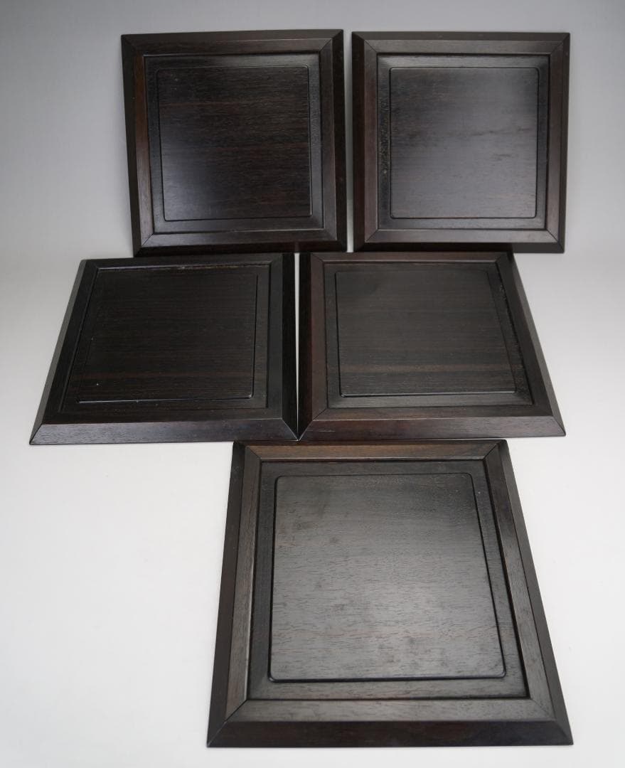 手彫り　五君子漢詩文　唐木　四方皿　五客揃い　作家在銘　煎茶道具