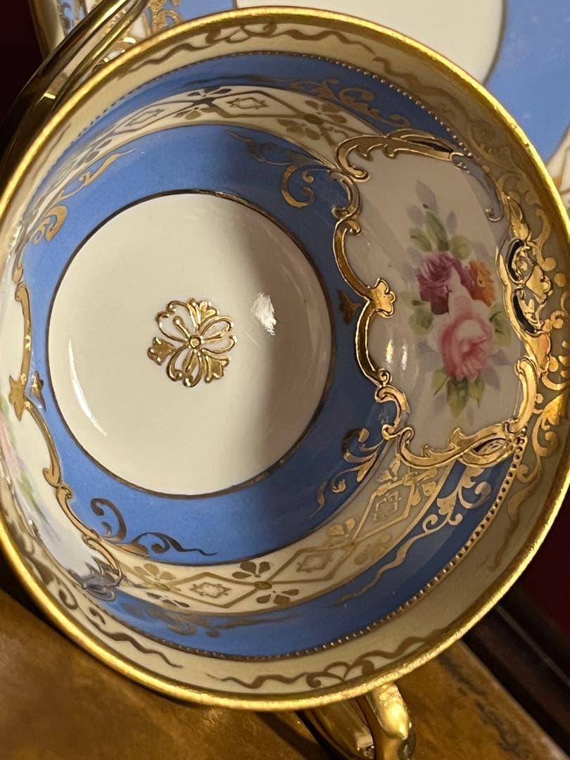 美品　オールドノリタケ　マルキ印　青と薔薇の装飾　金彩　ティーセット