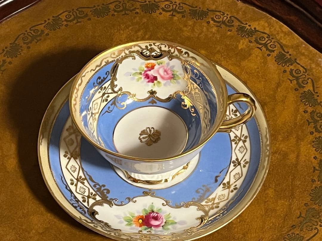 美品　オールドノリタケ　マルキ印　青と薔薇の装飾　金彩　ティーセット