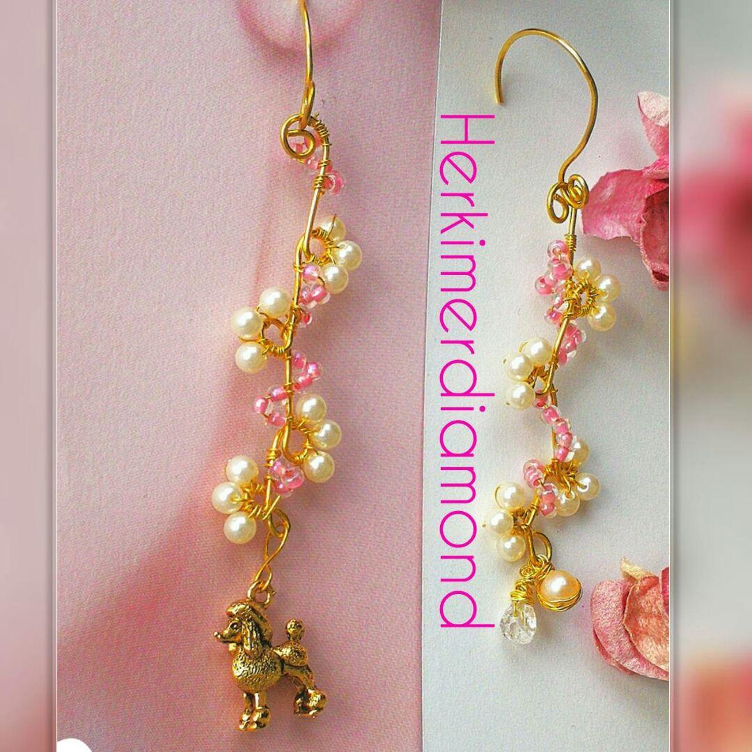 新品 14kgf パリ購入 プードル ハーキマーダイヤモンド  パール ピアス