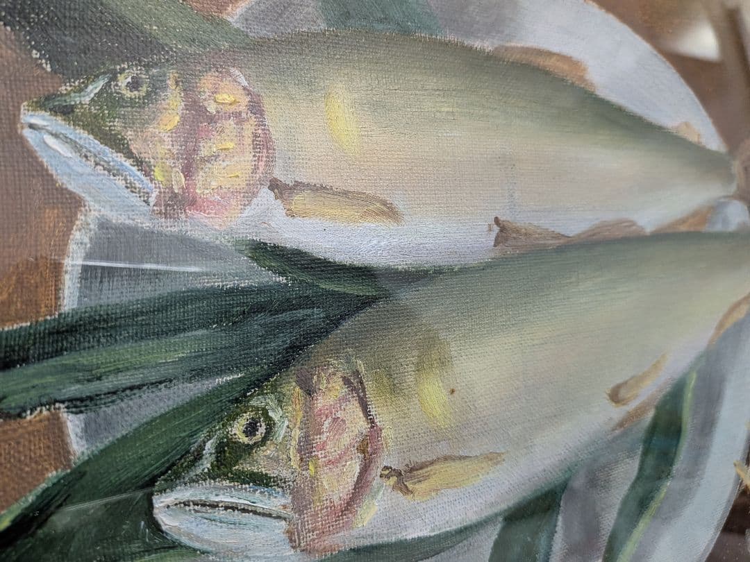 油絵「鮎２匹皿上並びにスダチ」昭和時代頃額サイズ横幅５７Ｘ縦４８Ｘ厚さ５額装品