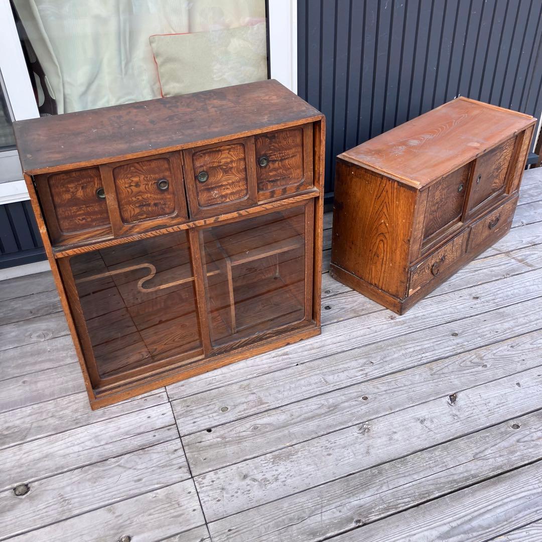 昭和レトロ 茶箪笥 飾り棚 ガラス扉 サイドボード 古家具 古民家ビンテージ