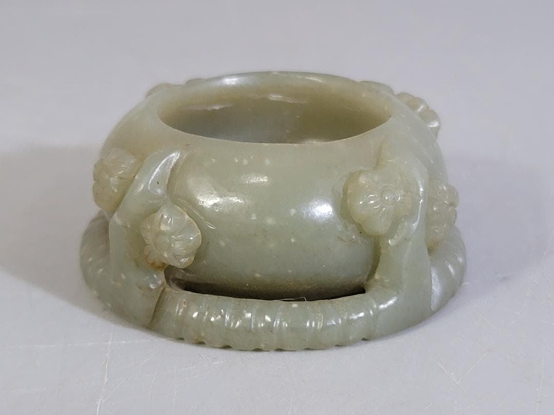 和田玉水孟　幅約6.5㎝　古玉彫刻 花彫紋 細工 書道具 唐物 中国美術 古玩