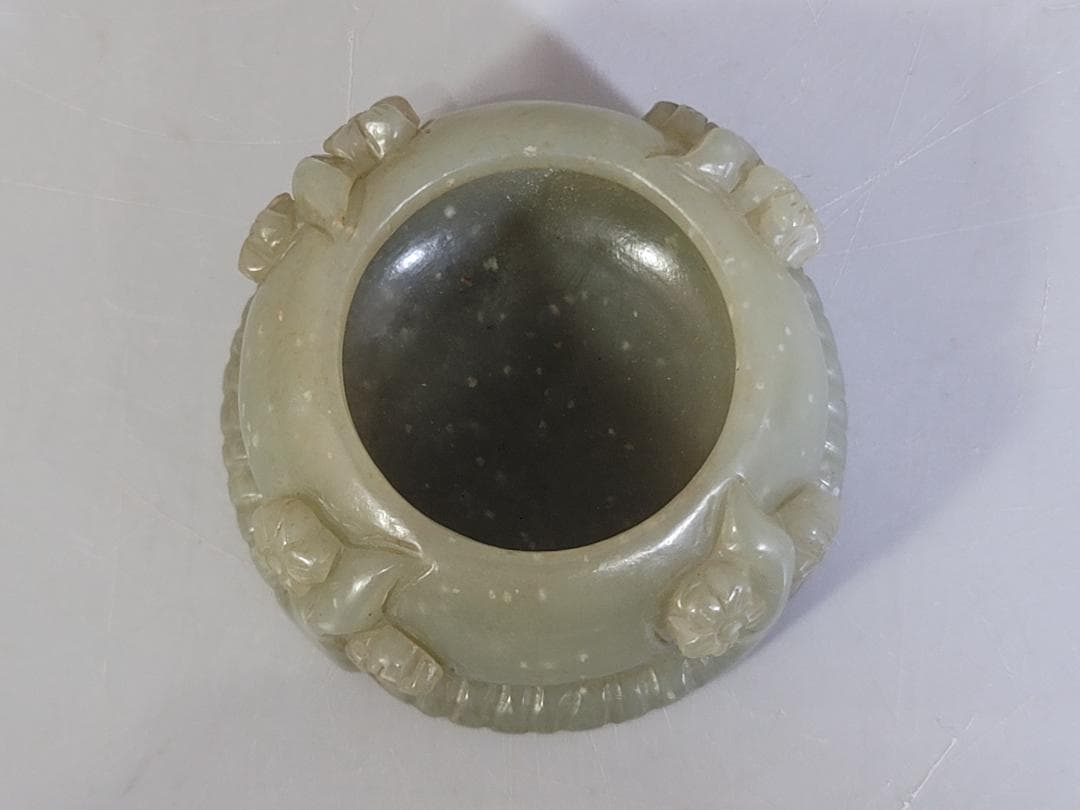 和田玉水孟　幅約6.5㎝　古玉彫刻 花彫紋 細工 書道具 唐物 中国美術 古玩