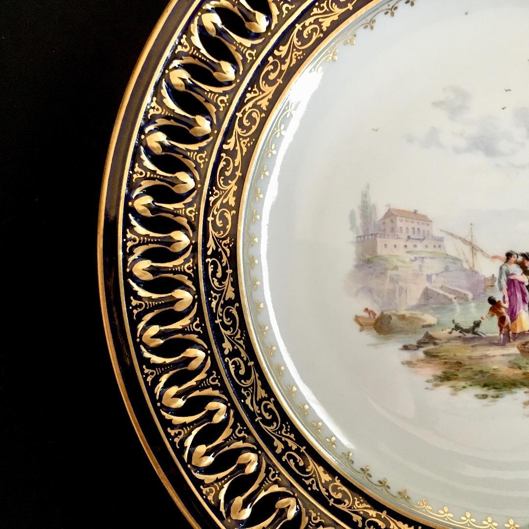 古マイセン 金彩 オランダ港湾風景 コバルト地 透かし絵皿 直径 23.5cm