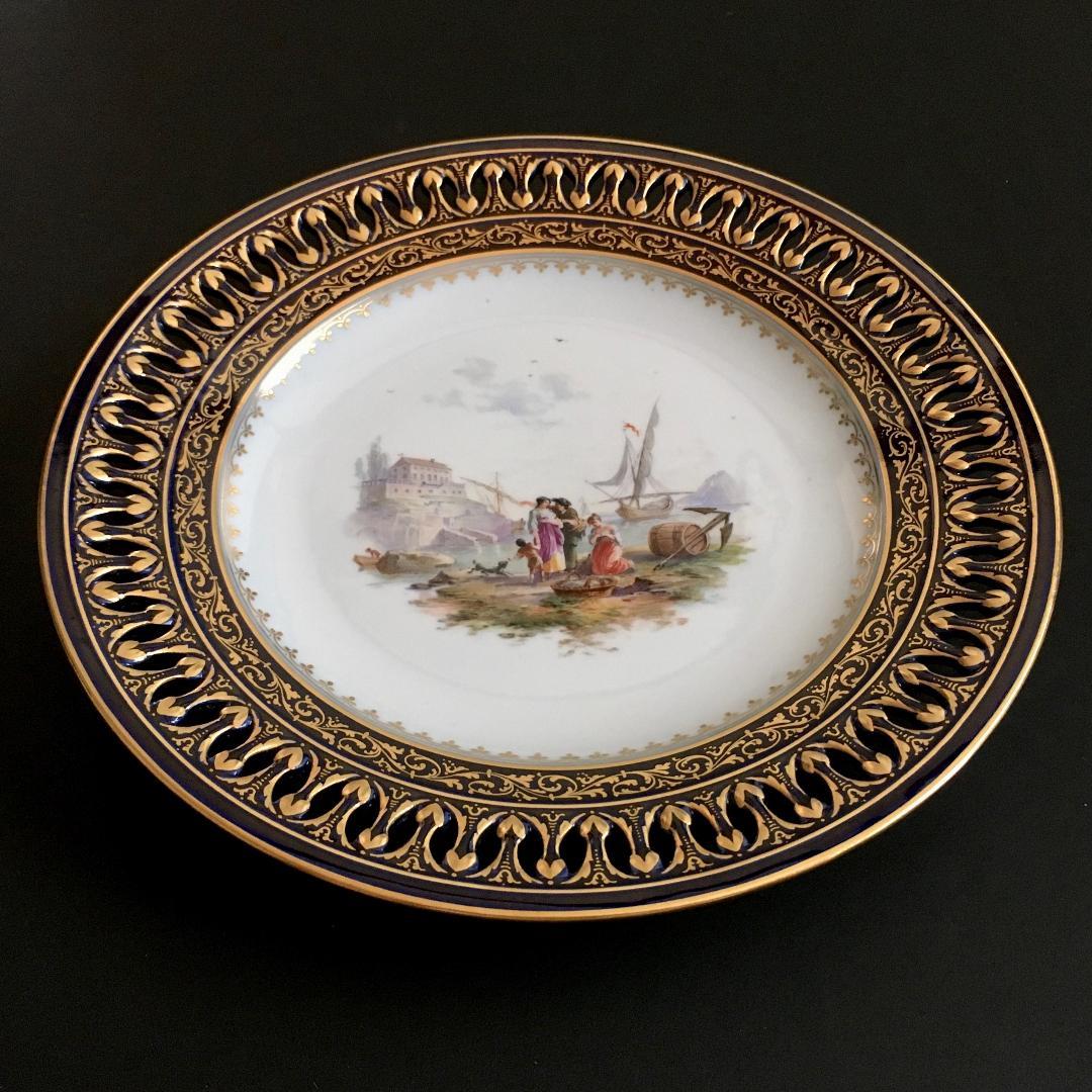 古マイセン 金彩 オランダ港湾風景 コバルト地 透かし絵皿 直径 23.5cm