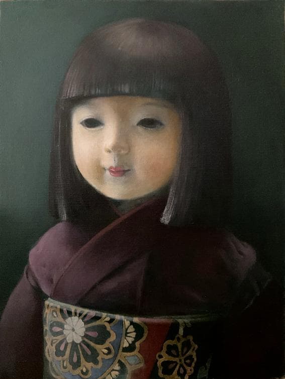 ❤️新作 油絵 菅家令子絵 絵画インテリアF6-010426 市松人形 日本人形