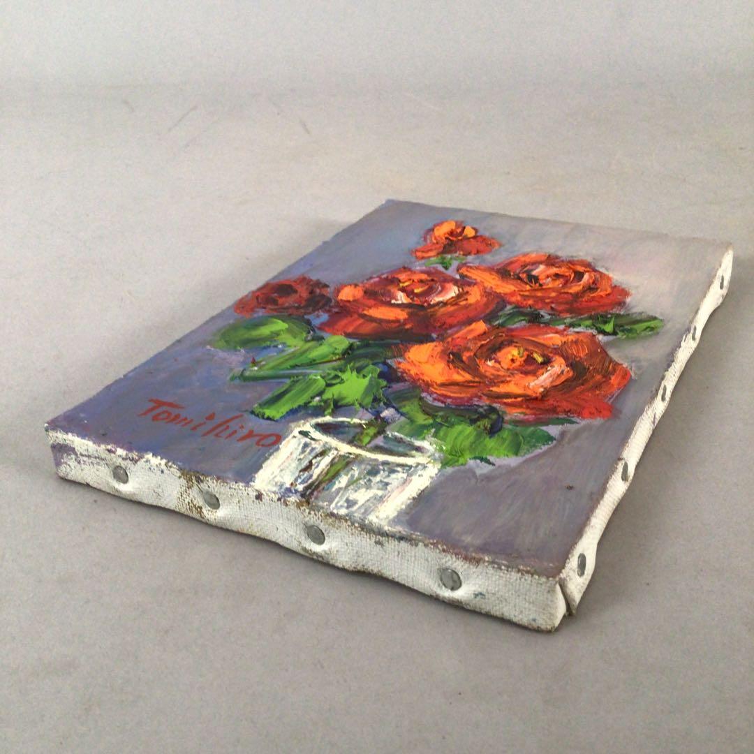 No3888 額装　真作　金原富広「バラ」　2000年 油彩画　裏書有 送料無料