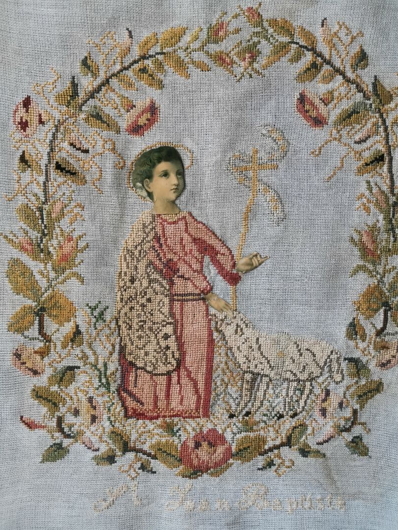 アンティーク 洗礼者聖ヨハネと羊プチポワン 薔薇朝顔菫ニードルポイント 麻布付