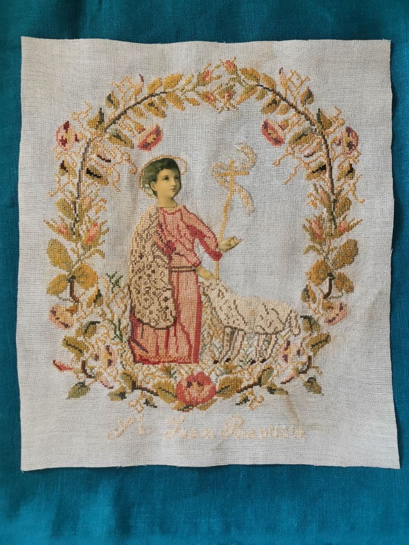 アンティーク 洗礼者聖ヨハネと羊プチポワン 薔薇朝顔菫ニードルポイント 麻布付