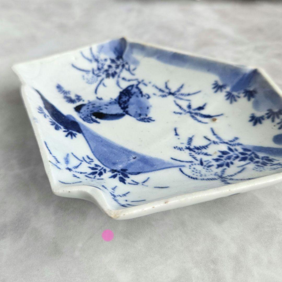 古伊万里　染付小皿　型紙摺　印判　鶉　上手　型物　骨董品　アンティーク　金継ぎ
