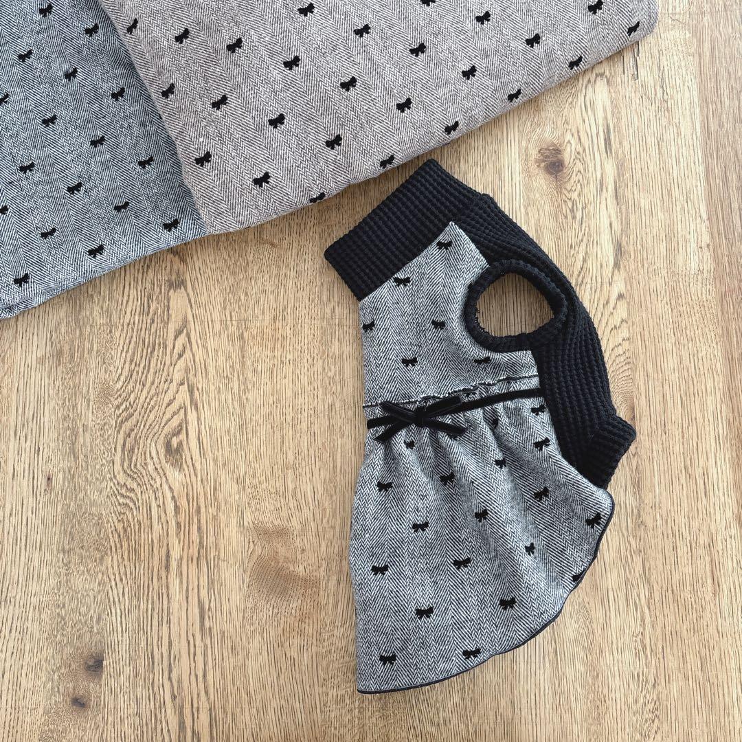 ハンドメイド　ヘリンボーンツイードリボン　ハイネックワンピース