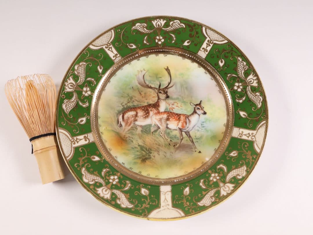 【CM298】オールドノリタケ 鹿 皿 プレート 金彩 盛上 緑 グリーン 明治