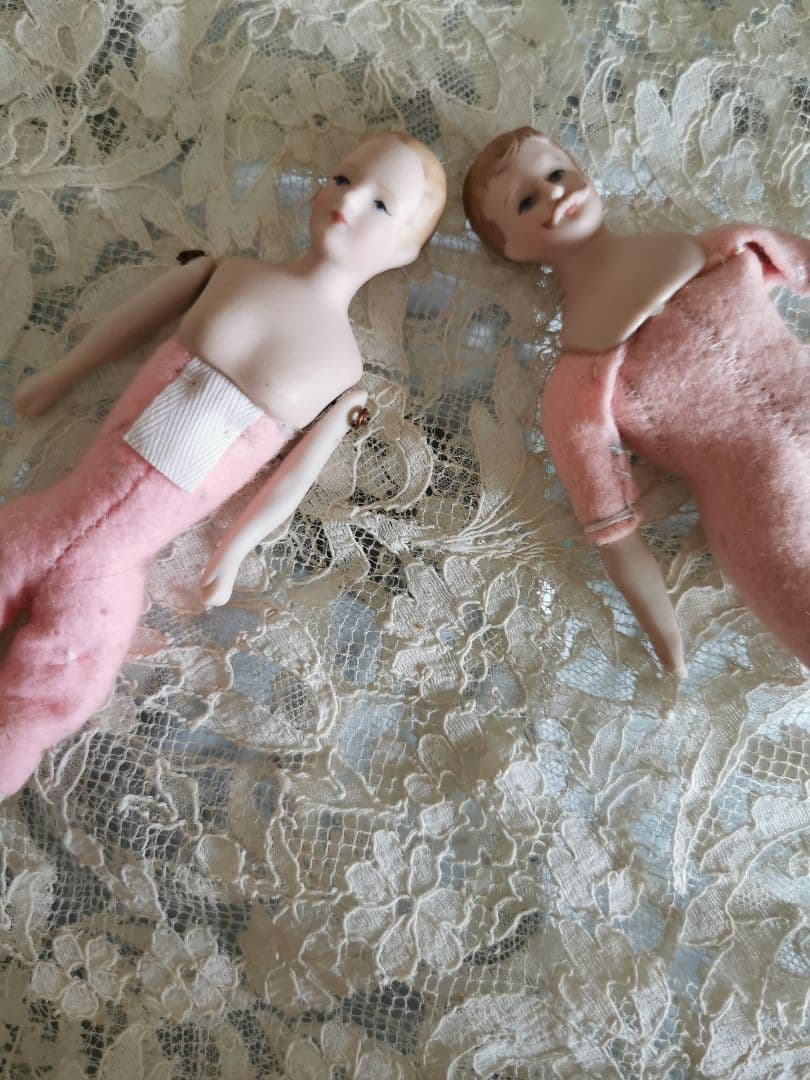 アンティーク チャイナヘッドドール ふっくらピンクフェルト ペア 夫婦 カップル