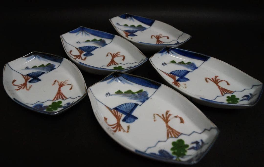 明治期 金彩色絵『富士山水風景熨斗文』皿 舟形 五客セット