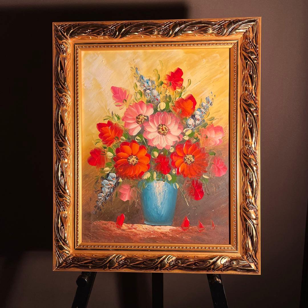 手書き油絵 花瓶の花 額付 肉筆絵画 インテリア 油彩画