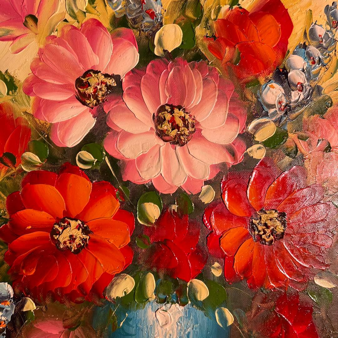 手書き油絵 花瓶の花 額付 肉筆絵画 インテリア 油彩画