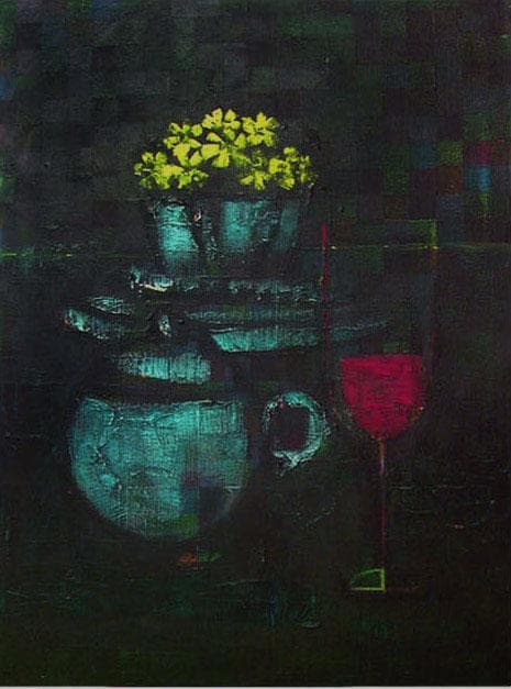 油絵 菅家令子絵 絵画インテリア額付(青緑＋金色の枠)uF6-063404静物花