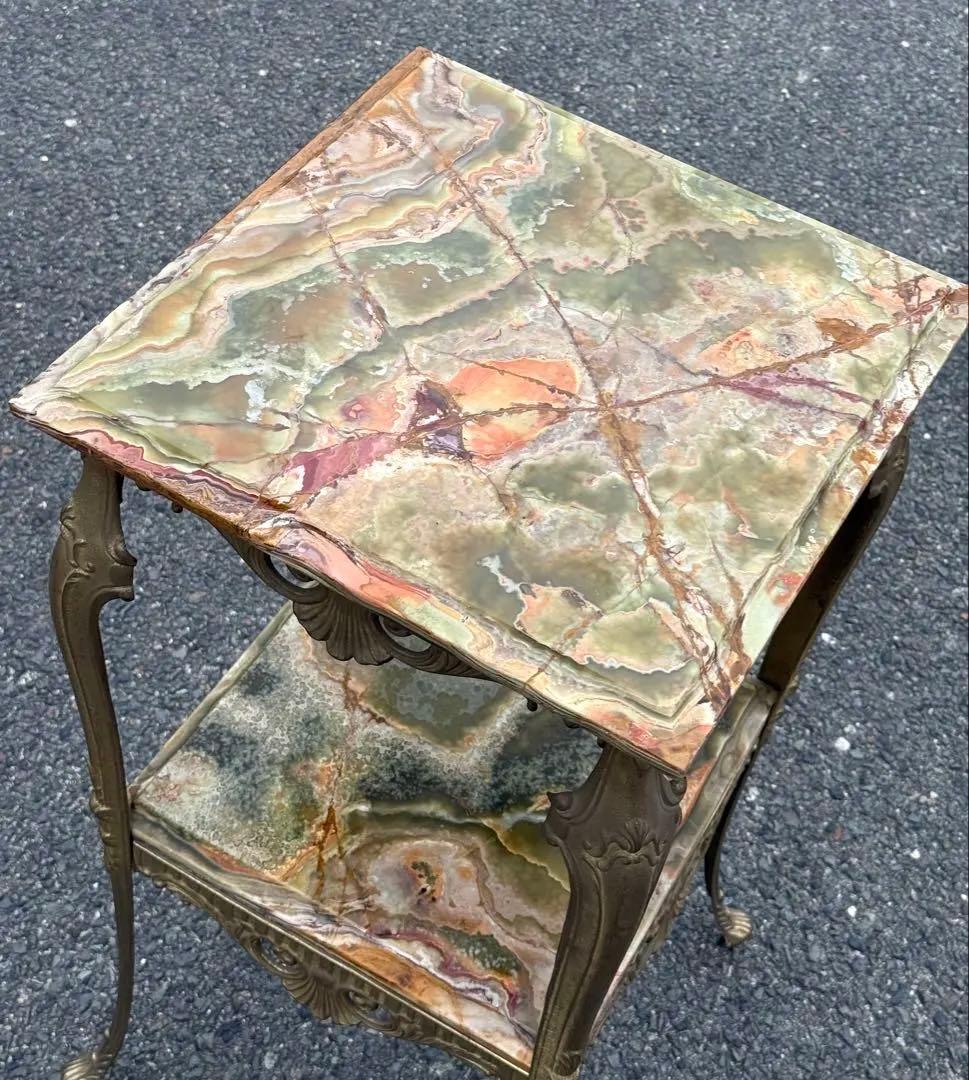 アンティーク 大理石 グリーンオニキス サイドテーブル 2段式