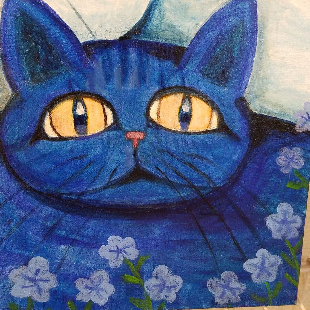 油絵　専用　三代そろった猫と青い花