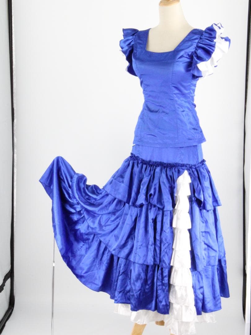 【フラメンコ衣装 ツーピースセット】光沢ブルー×光沢ホワイト　ブラウス ファルダ