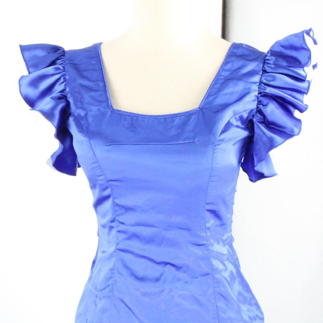 【フラメンコ衣装 ツーピースセット】光沢ブルー×光沢ホワイト　ブラウス ファルダ