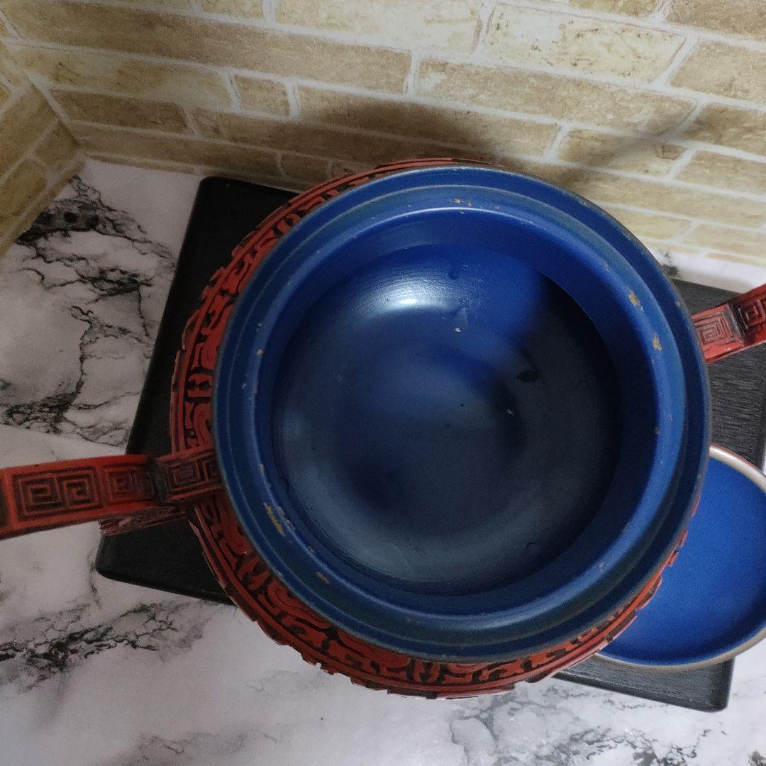 【希少】中国 堆朱 三足香炉 大香炉 香道具 獅子 細密彫刻 饕餮古獣紋32cm