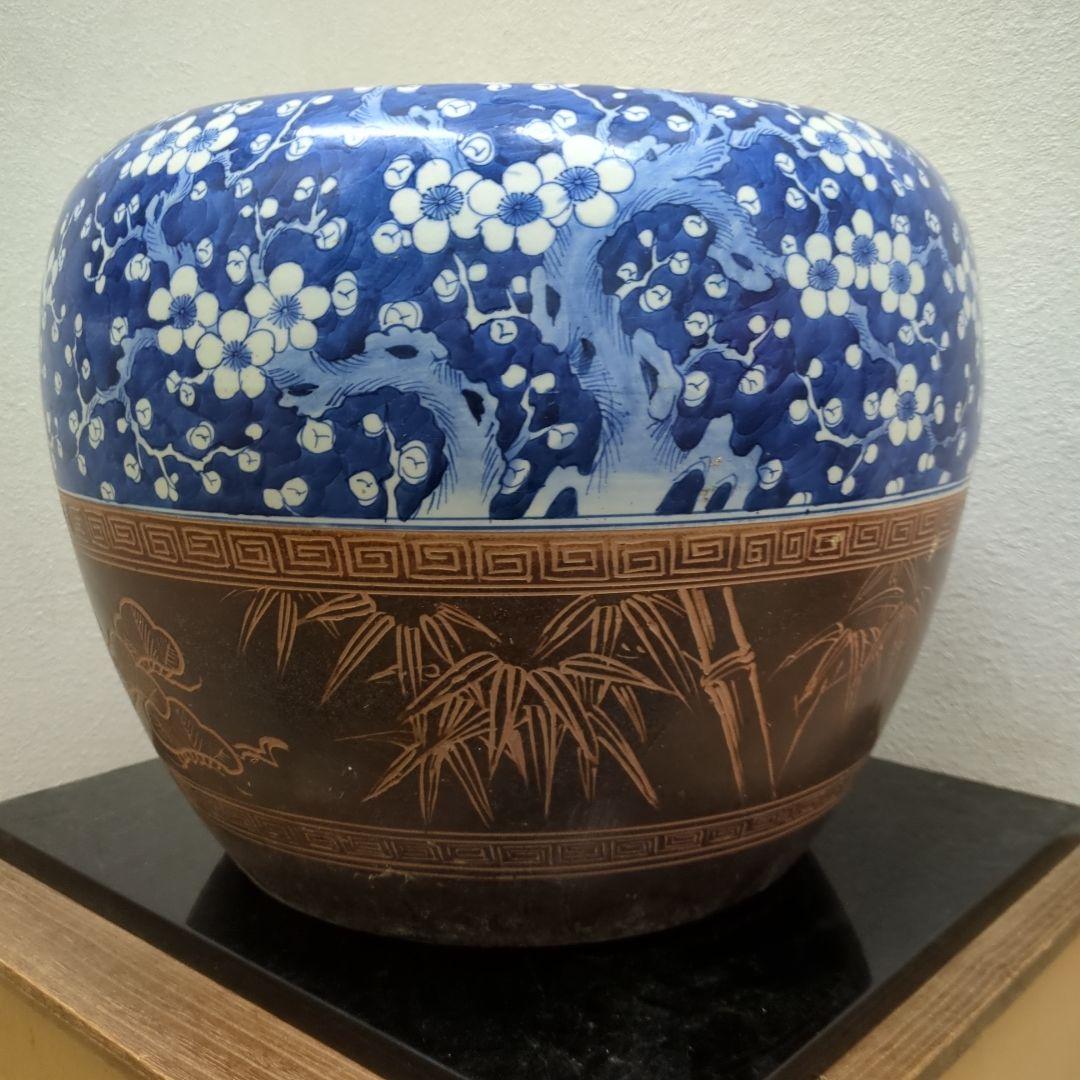 骨董　火鉢　梅の図　松竹梅　鉢カバー　睡蓮鉢　金魚　めだか