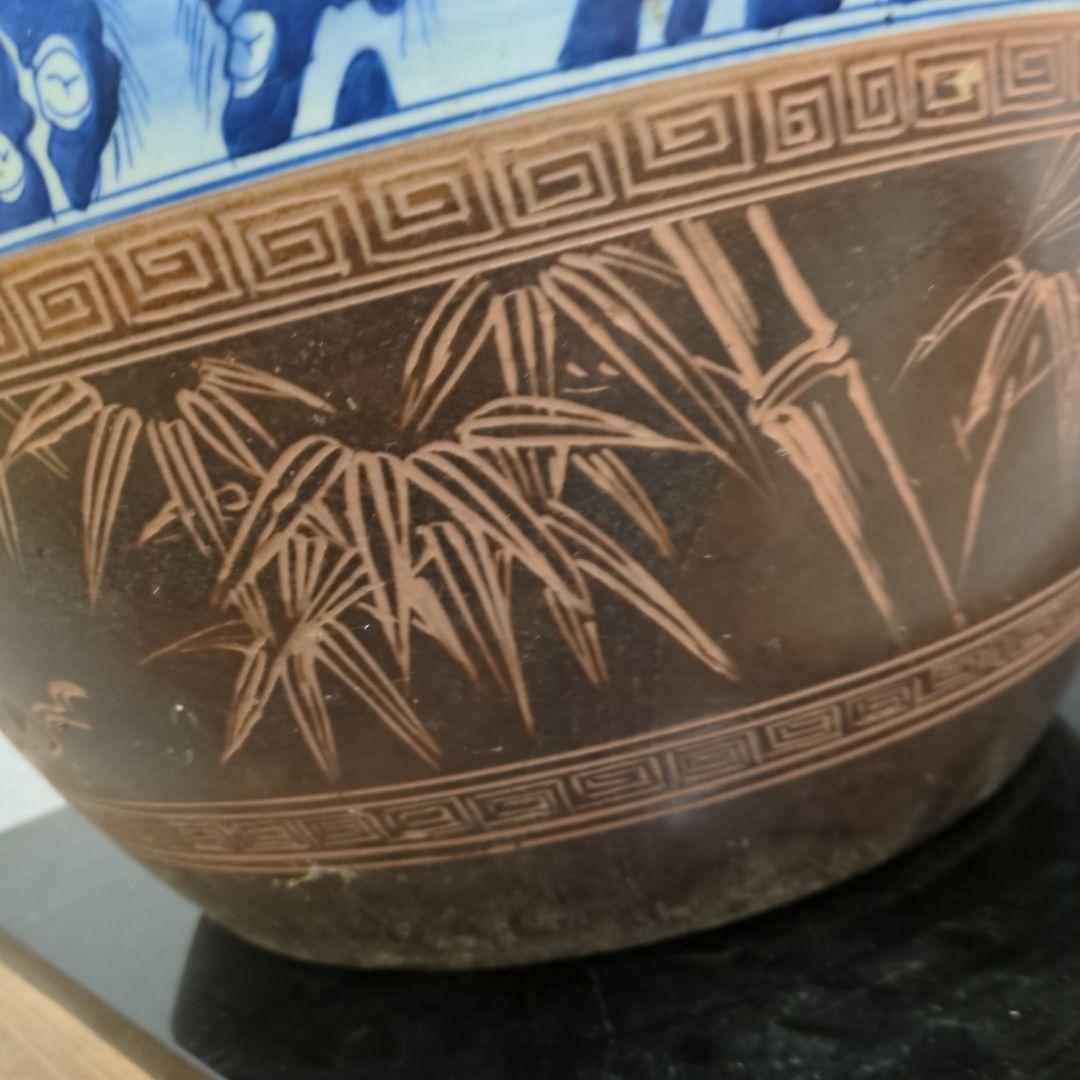 骨董　火鉢　梅の図　松竹梅　鉢カバー　睡蓮鉢　金魚　めだか