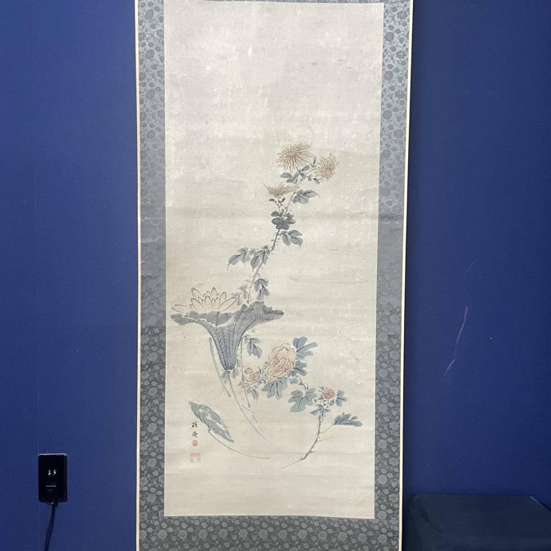 真作/浦上春琴/菊花三種之図/花鳥/絹表装/布袋屋掛軸A-234