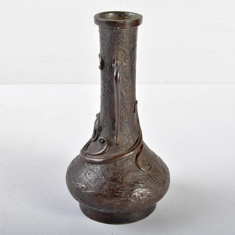 中国　古銅宣徳銅　龍波文　双耳瓶　D　R4706