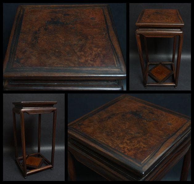 茶道具 古唐木縞黒檀製高足花台 天板花梨玉杢 瘤杢盆栽台 香炉台高さ36.5cm