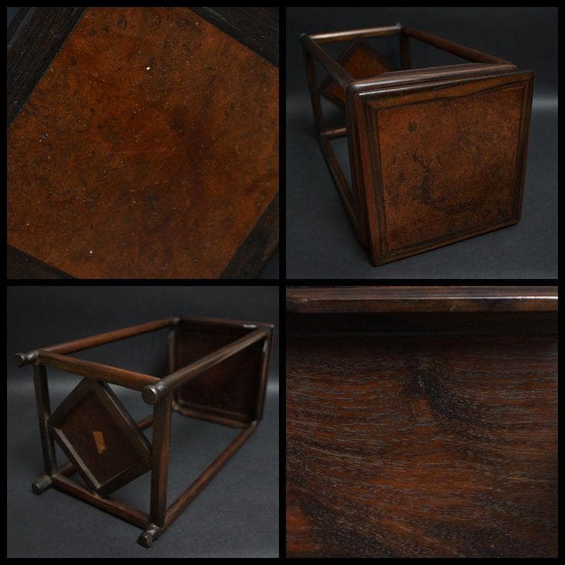 茶道具 古唐木縞黒檀製高足花台 天板花梨玉杢 瘤杢盆栽台 香炉台高さ36.5cm