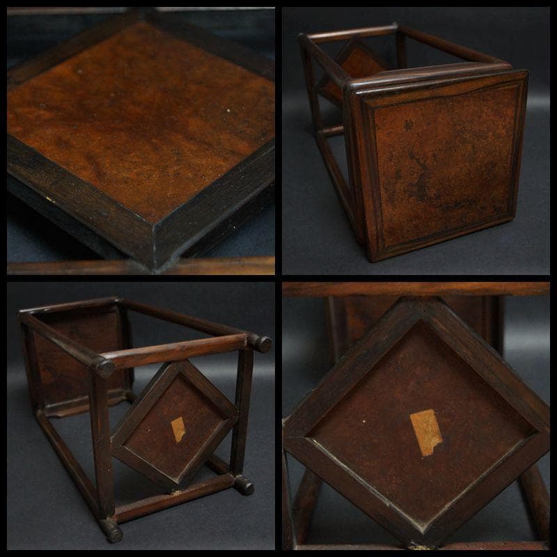 茶道具 古唐木縞黒檀製高足花台 天板花梨玉杢 瘤杢盆栽台 香炉台高さ36.5cm